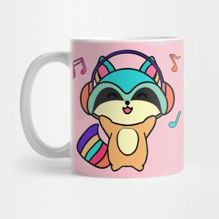 Happy smiling baby raccoon with headphones. Kawaii cartoon Mug